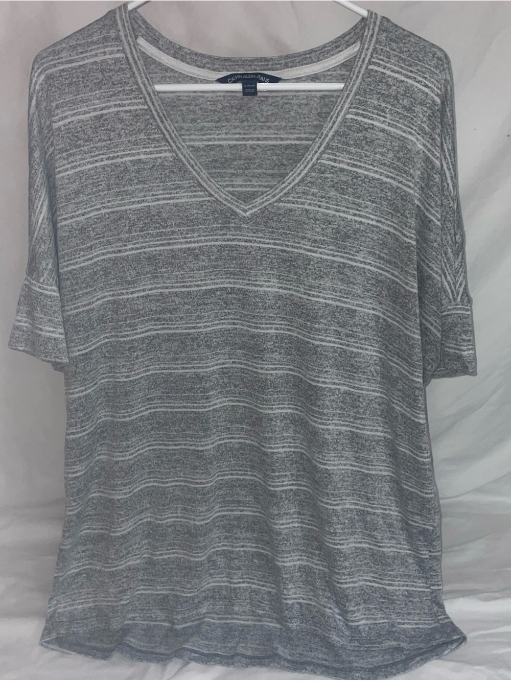 Calvin Klein Jeans Gray Striped V-Neck Short Sleeve Top